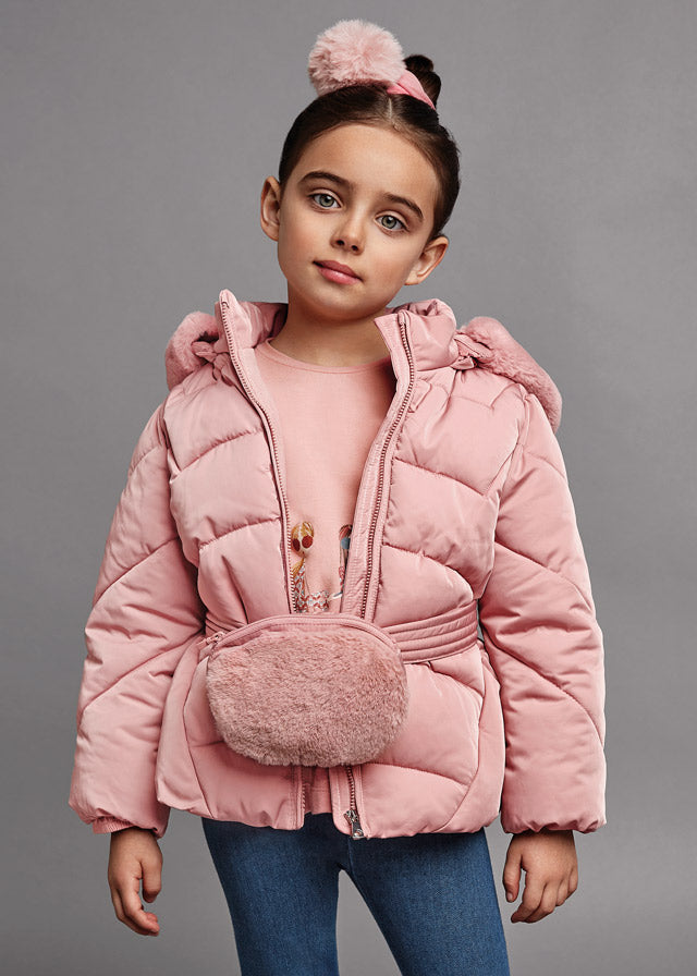 Mayoral Girl AW22 Pink Coat with Faux Fur Bag 4492