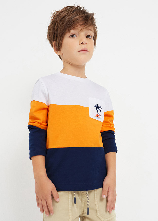 Mayoral Boy SS23 Mango & Navy Block Stripe Long Sleeved Top 3027
