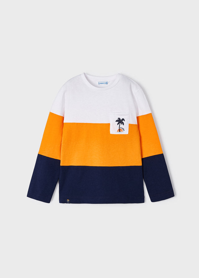 Mayoral Boy SS23 Mango & Navy Block Stripe Long Sleeved Top 3027
