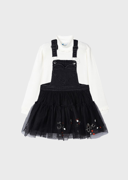 Mayoral Girl AW23 Black Tulle Dungaree Dress and Turtleneck Top 145/4909