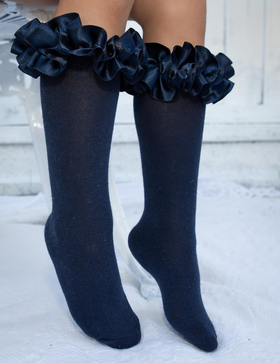 Caramelo Kids AW21 Ruffle Navy Ribbon Knee Socks 44918