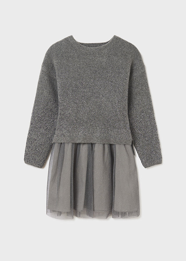 Mayoral Girl AW22 Knitted & Tulle Grey Sparkle Dress 7936