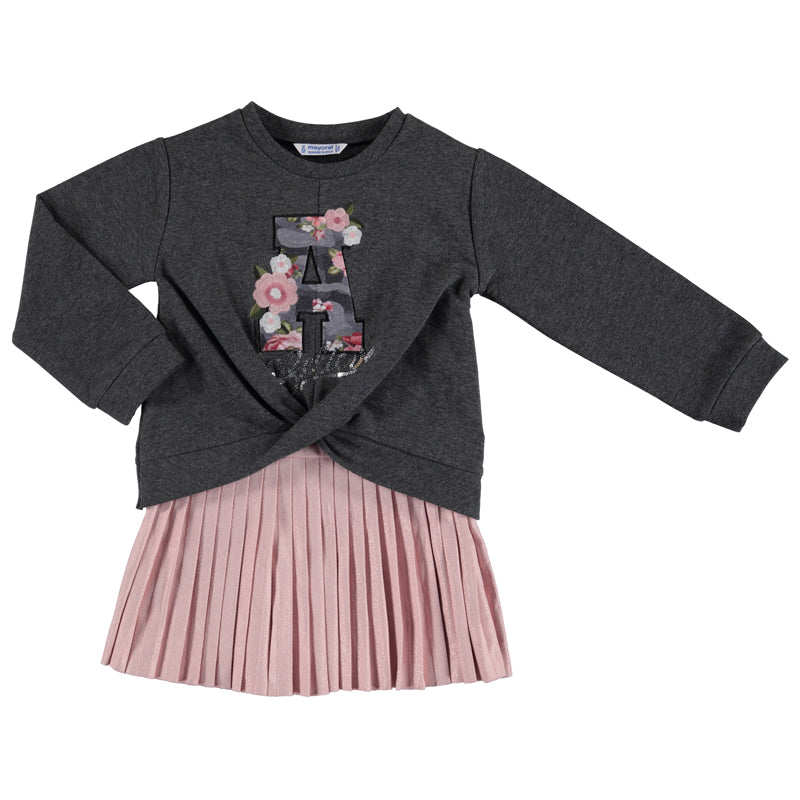 Mayoral Girl AW19 Grey & Pink pleated dress 4941