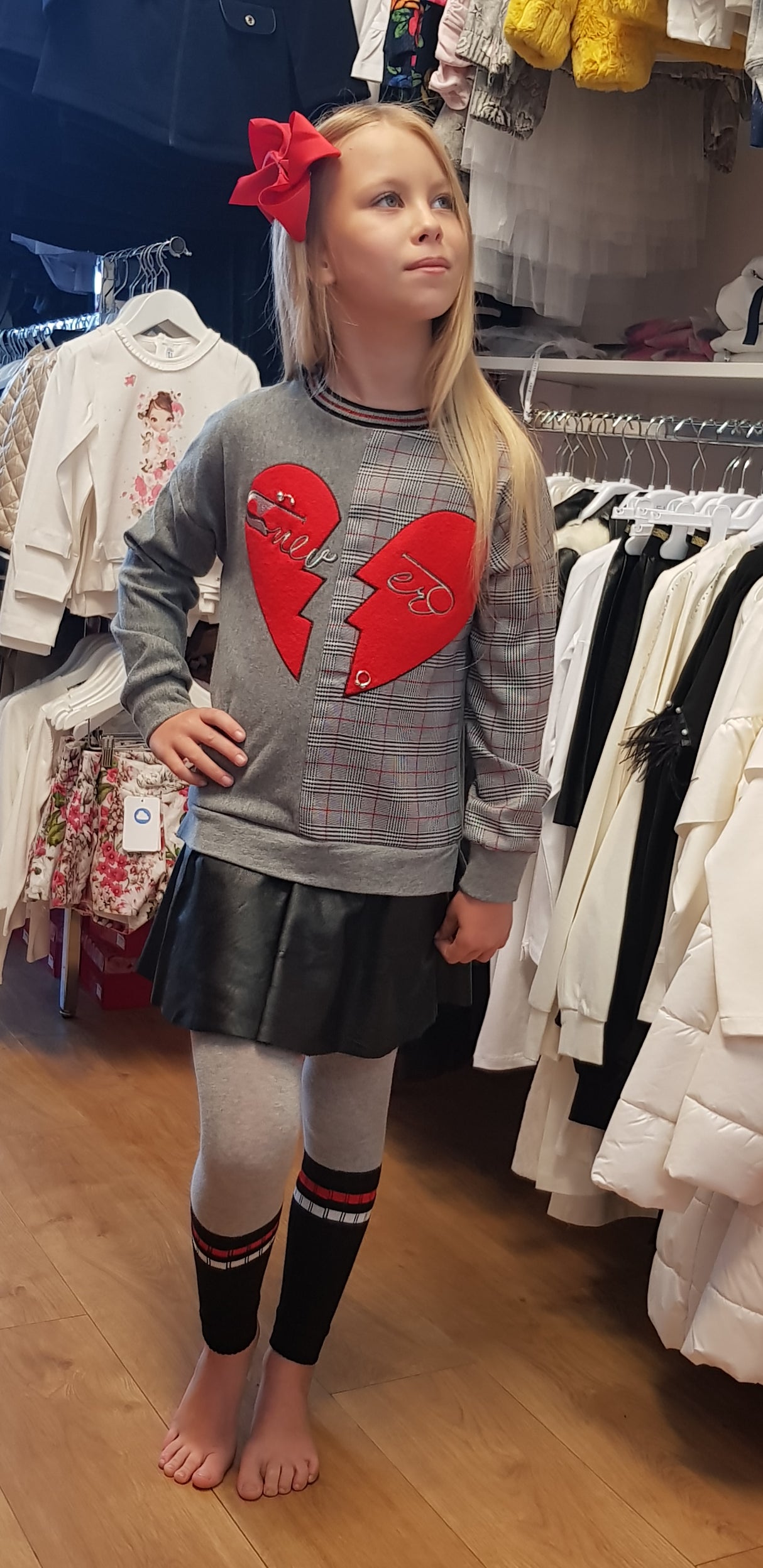 Elsy Grey check and black leatherette dress & Knitted leggings