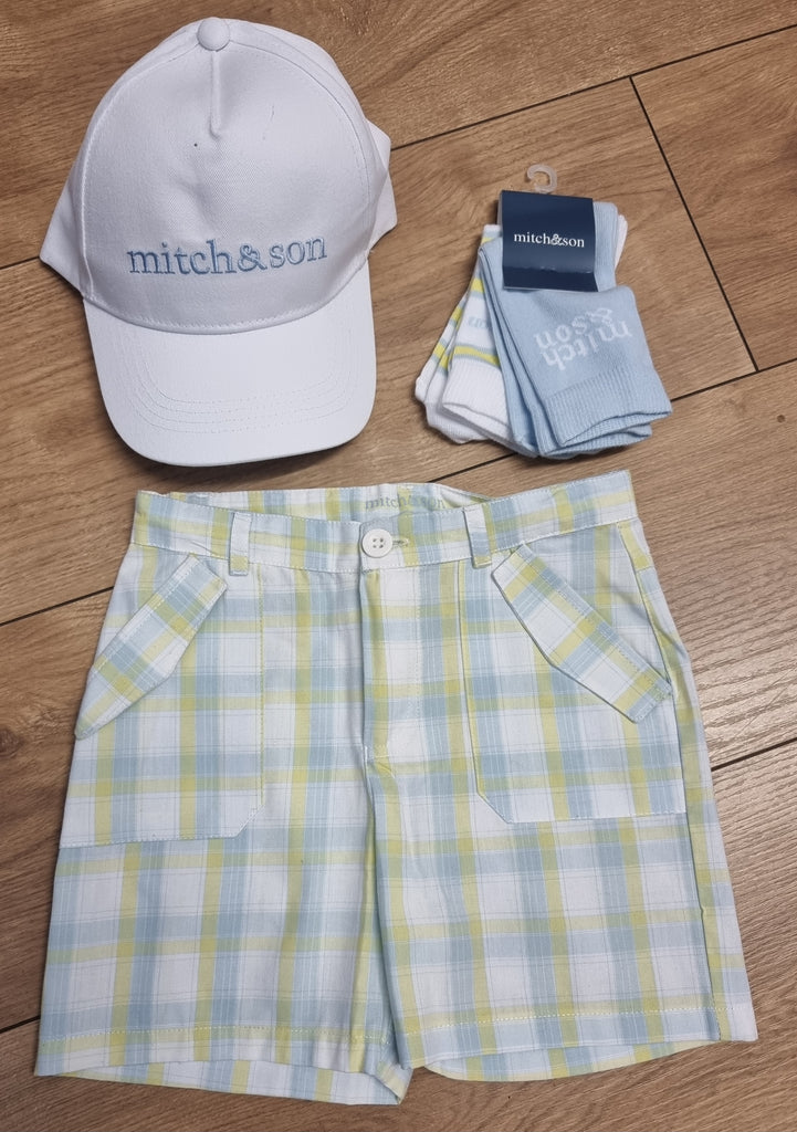 Mitch & Son SS23 3 Year SAMPLE Checked Shorts, Cap & Socks LOT41