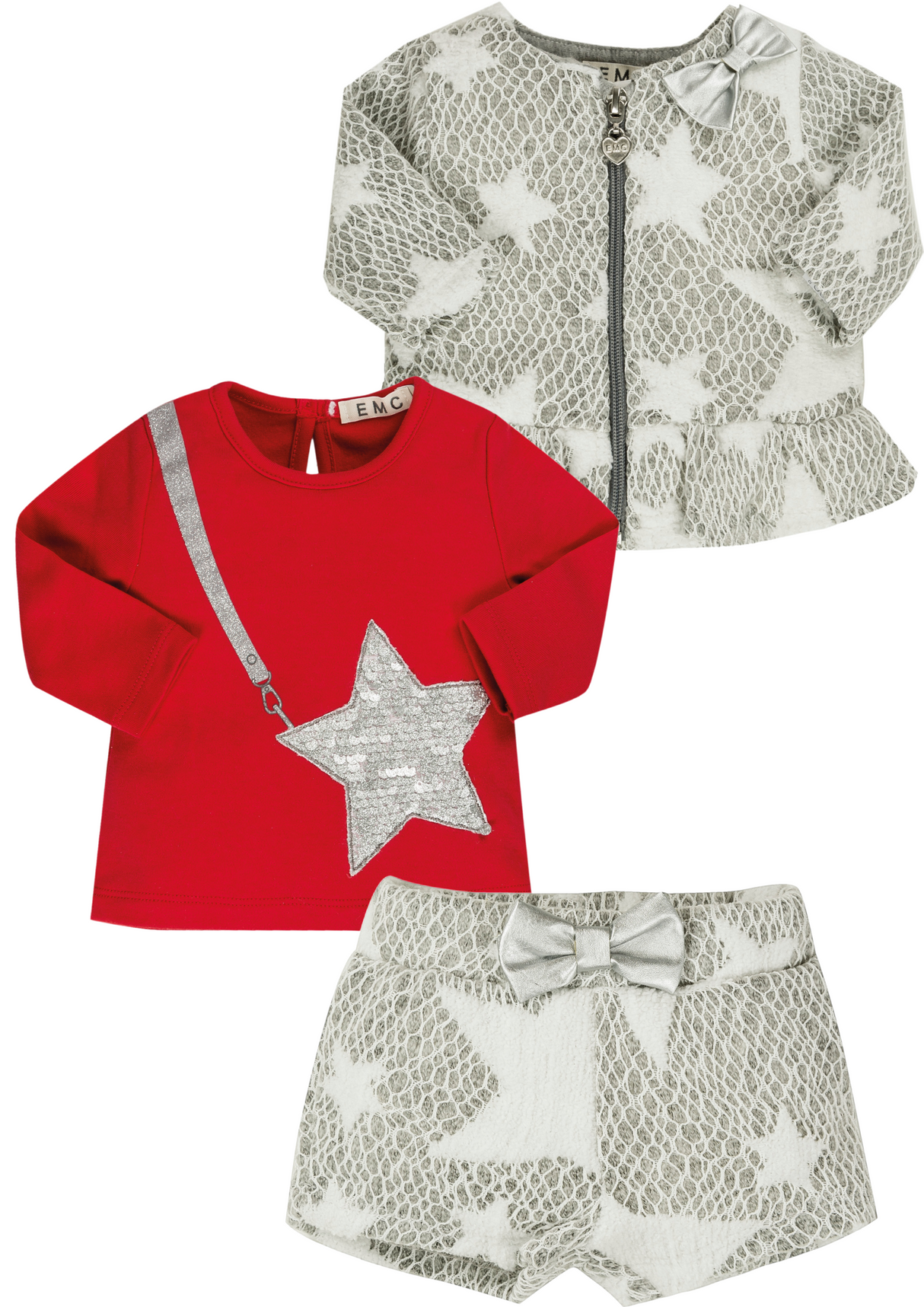 EMC Girls Grey Star Short & Jacket Set with Red Top 1666/6601