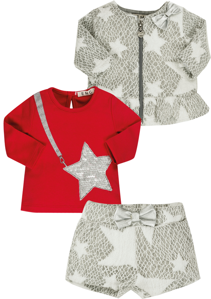EMC AW21 Girls Grey Star Short & Jacket Set with Red Top 1666/6601