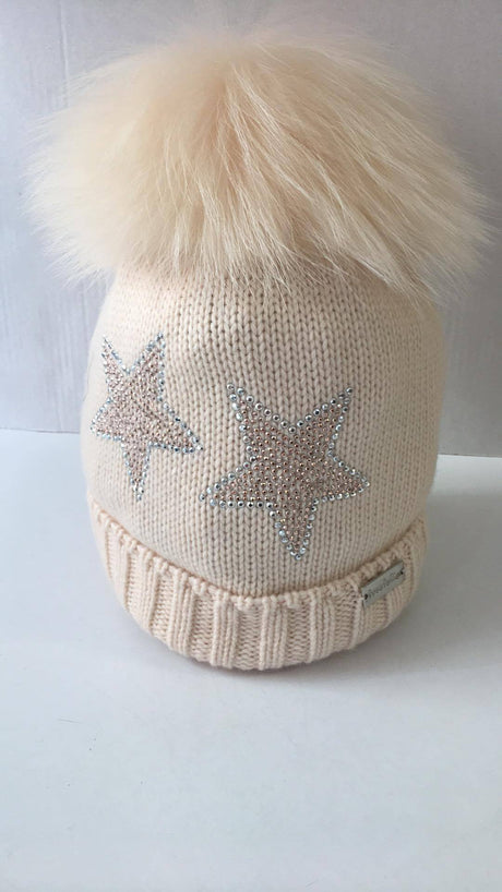 Trestelle Apricot Star embellished Hat with Apricot fur Pom 867H