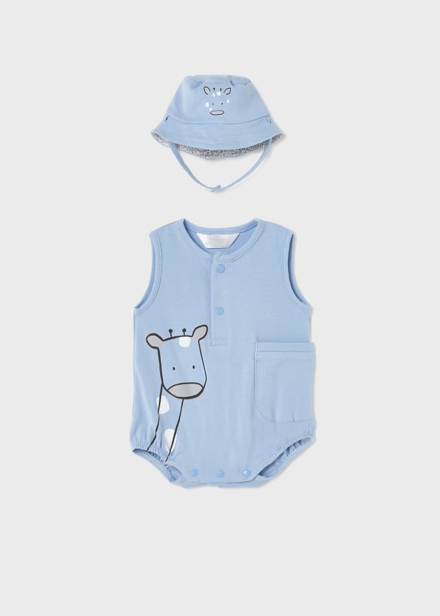 Mayoral Baby Boy SS23 Blue Giraffe Romper & Hat 1617